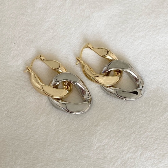 Gold and Silver Chain Link Drop Statement earrings two tone New - Picture 3 of 5